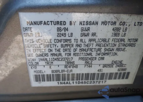 2005 Nissan Altima 2.5 S из США, поврежденный, VIN 1N4AL11D45C237217